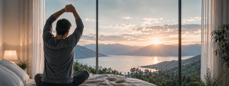 Mann von hinten in ruhiger Yoga-Haltung mit See, Bergen, Apfel und Notizbuch am Morgen