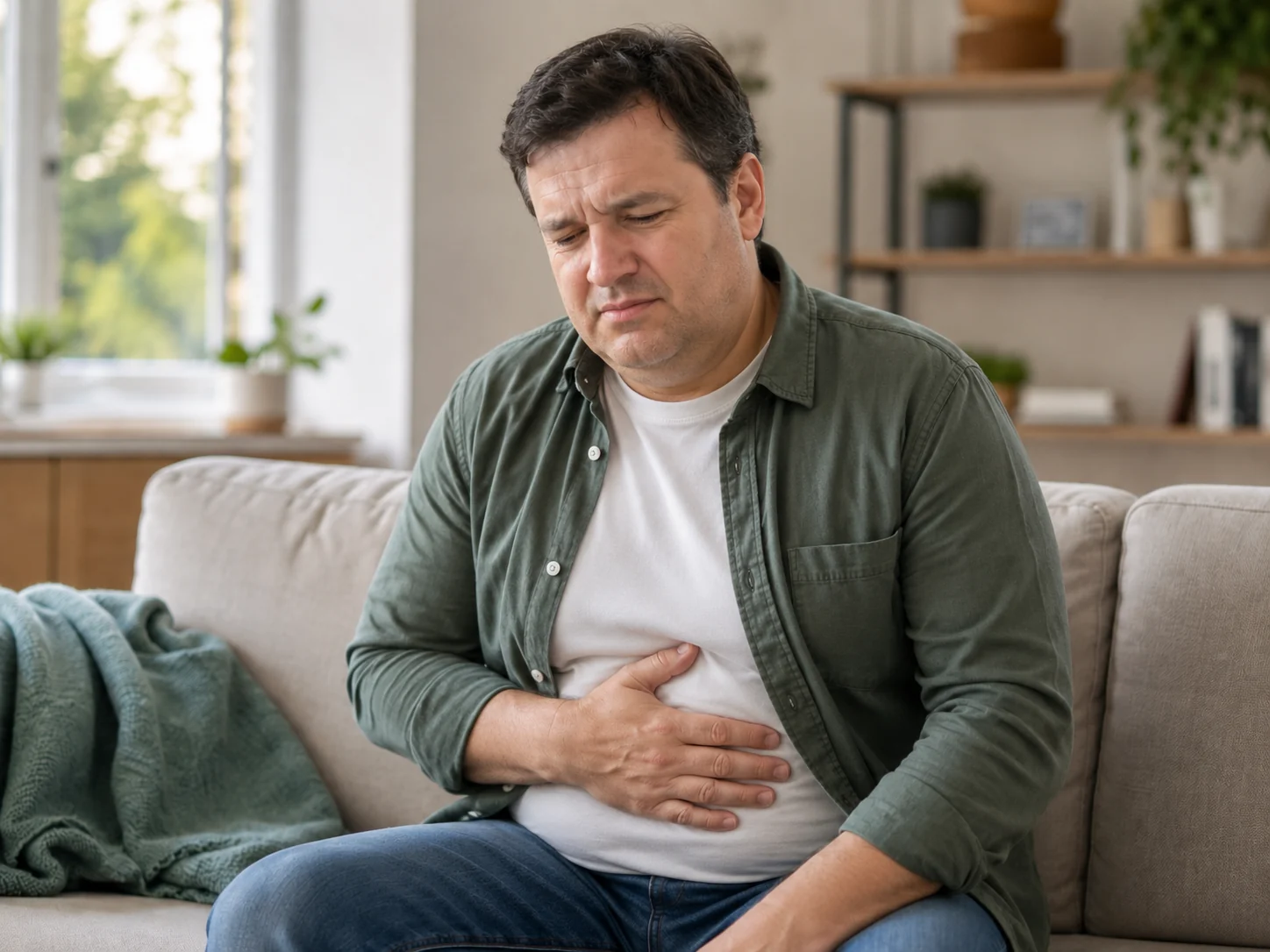 Mann mit Verdauungsbeschwerden hält sich den Bauch